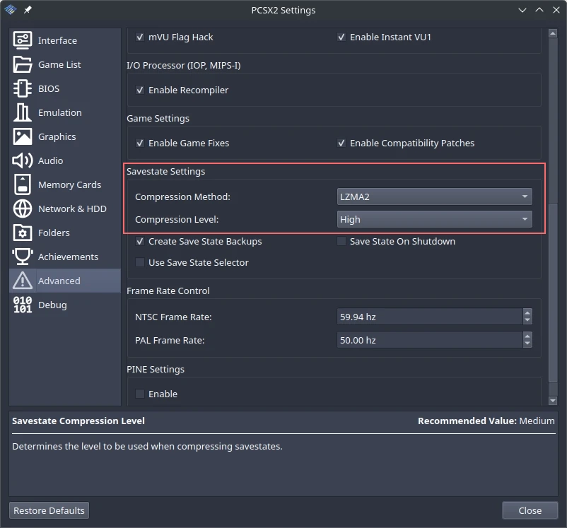 Savestate compression options